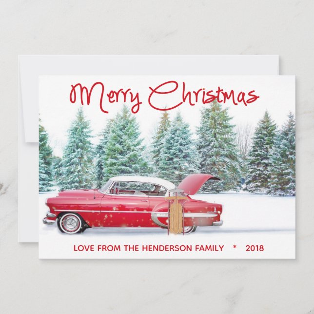 Vintage Röd 1950-tals Chevy God Jul Julkort (Framsida)