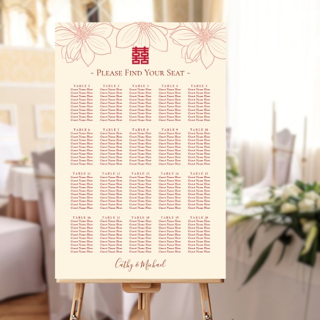 Vintage röd beige blommigt kinesiska bröllop poster (Skapare uppladdad)