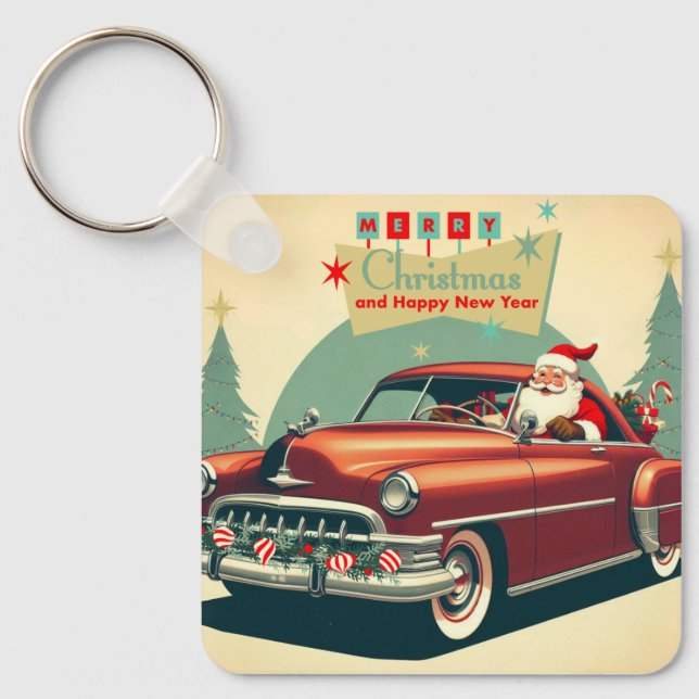 Vintage röd bil och tomt nyckelring (Framsida)