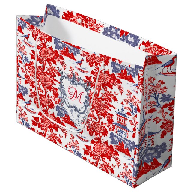 Vintage röd blå Chinoiserie Delft-monogram (Framsidan Vinklad)