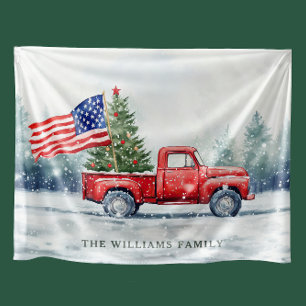 Vintage Röd jul Lastbil Julgran Flagga Fleecefilt