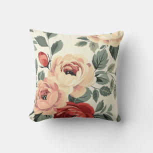 Vintage Röd Kräm Botanisk Romantisk Chic Blommig Kudde