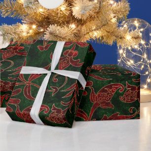 Vintage röd och grön blomster jul sammet presentpapper
