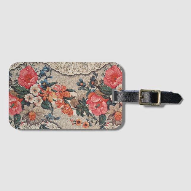 Vintage röd orange vit blomma mönster bagagebricka (Framsida horisontal)