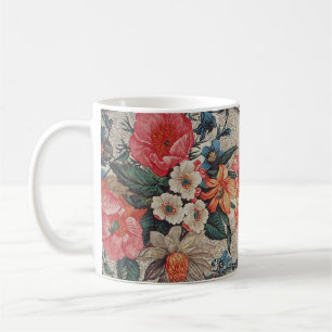Vintage röd orange vit blomma mönster kaffemugg
