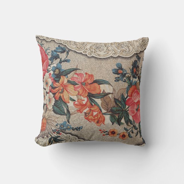 Vintage röd orange vit blomma mönster kudde (Framsida)