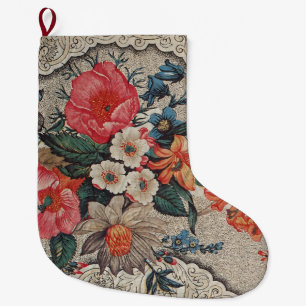 Vintage röd orange vit blomma mönster stor julstrumpa
