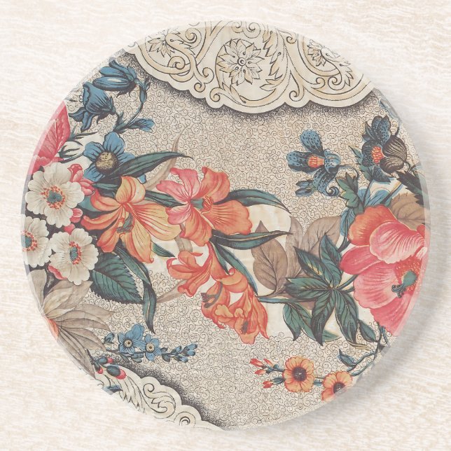 Vintage röd orange vit blomma mönster underlägg (Framsidan)