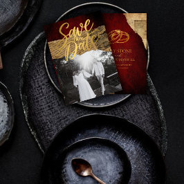 Vintage röd pergament Budget, Guld kalligrafi Spara Datumet