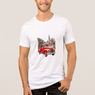 Vintage röd pickup-lastbil julgran snöig t shirt