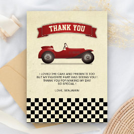 Vintage röd racerbil barnkalas tack kort