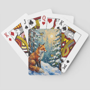 Vintage Röd Räv och Chickadees Julmålning Casinokort