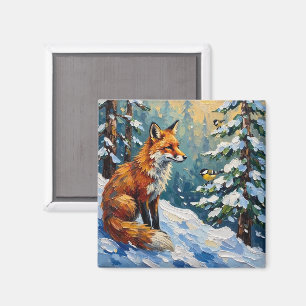 Vintage Röd Räv och Chickadees Julmålning Magnet