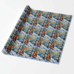 Vintage Röd Räv och Chickadees Julmålning Presentpapper