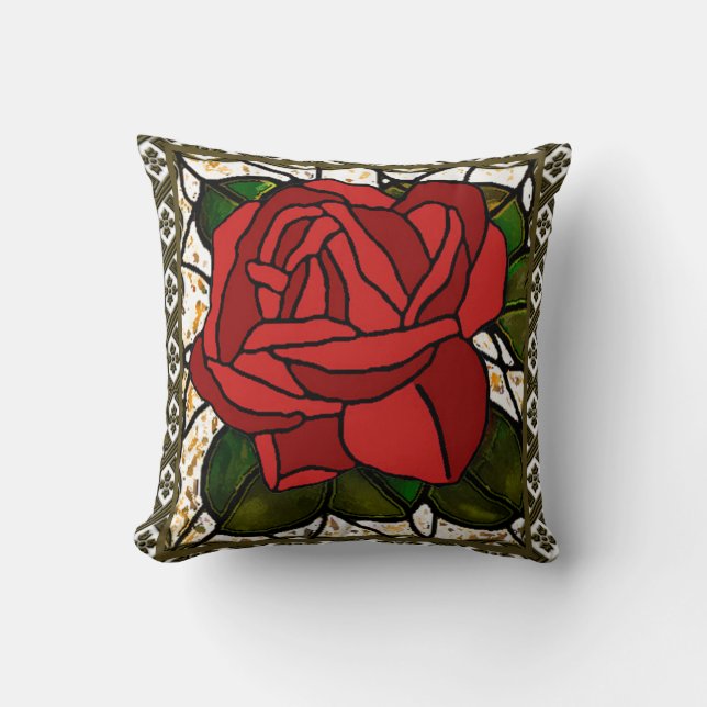 Vintage Röd ros Art Deco Kudde (Framsida)