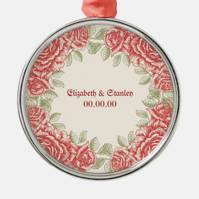 Vintage Röd ros Bröllop spara datum ornament (Framsidan)