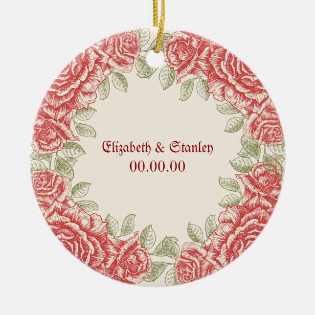 Vintage Röd ros Bröllop spara datum ornament (Framsidan)