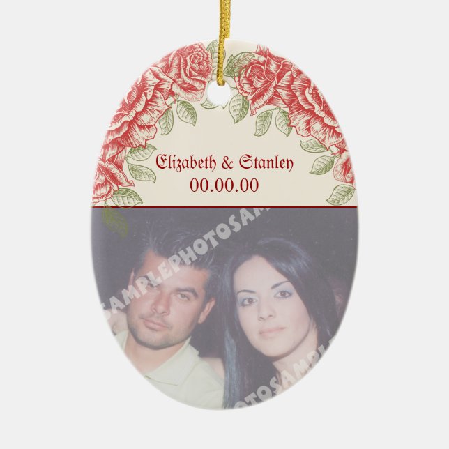 Vintage Röd ros Bröllop spara datum ornament (Framsidan)