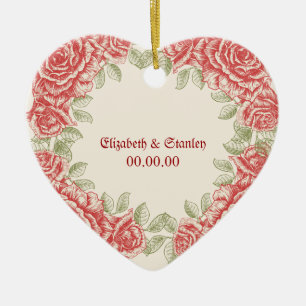 Vintage Röd ros Bröllop spara datum ornament