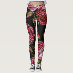 Vintage Röd ros Embroidery Mönster Leggings