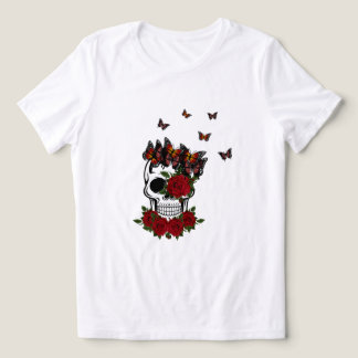 Vintage Röd ros Flowers och fjäril Skull T Shirt