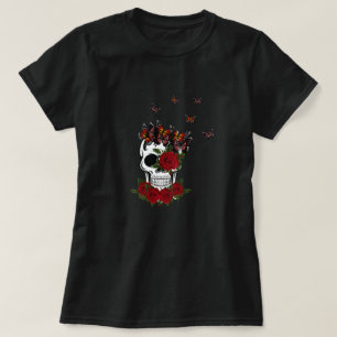 Vintage Röd ros Flowers och fjäril Skull T Shirt