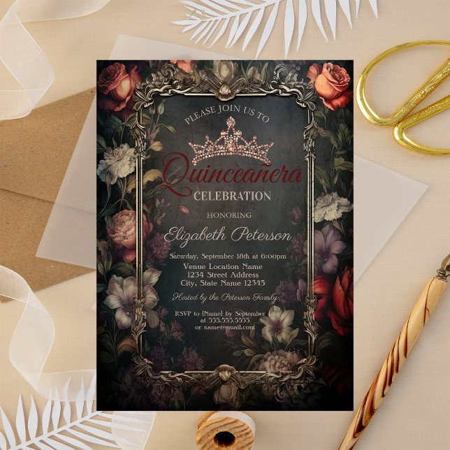 Vintage Röd ros Gothic Rand Quinceañera Inbjudningar (Skapare uppladdad)