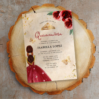 Vintage röd ros guld elegant Quinceañera Inbjudningar