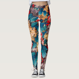 Vintage röd ros och lilac-blommönster leggings