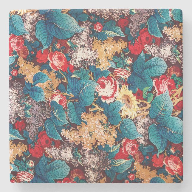 Vintage röd ros och lilac-blommönster stenunderlägg (Framsidan)