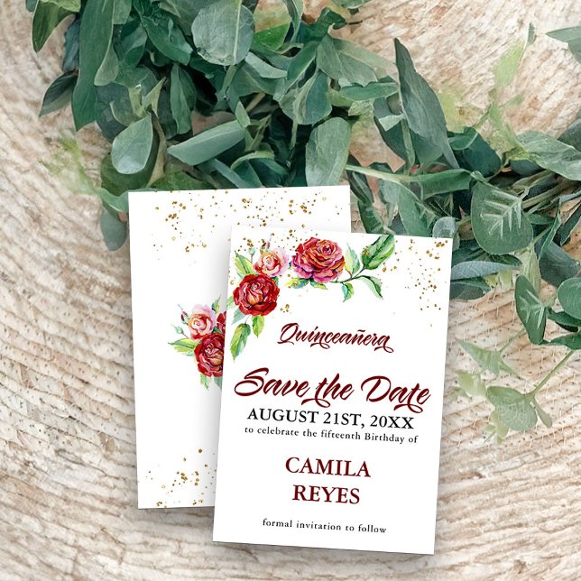 Vintage Röd ros Quinceanera Spara Datumet (Quinceanera save the date cards from my Vintage Floral Red Roses Quinceanera Collection)