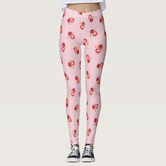 Vintage Röd ros Rosa Leggings (Framsida)
