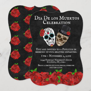 Vintage Röd ros Sugar Döskallars Dia De Muertos Inbjudningar