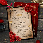 Vintage Röd ros Svarta Guld-Eleganten Quinceanera Inbjudningar<br><div class="desc">vintage i elegant quinceanera-inbjudningar som du lätt kan få personlig för 15-årsdagen, en söt 16 firande eller till och med en bröllop. Ändra bara skriptcalligraftypen så att den matchar firande och lägg till dina egna uppgifter. Den botaniska strålformgivningen skildrar romantiskt röd ros i en vattenfärg bläck, accentuerad med antika guld...</div>