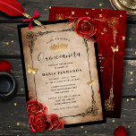 Vintage Röd ros Svarta Guld-Eleganten Quinceanera Inbjudningar<br><div class="desc">vintage i elegant quinceanera-inbjudningar som du lätt kan få personlig för 15-årsdagen, en söt 16 firande eller till och med en bröllop. Ändra bara skriptcalligraftypen så att den matchar firande och lägg till dina egna uppgifter. Den botaniska strålformgivningen skildrar romantiskt röd ros i en vattenfärg bläck, accentuerad med antika guld...</div>