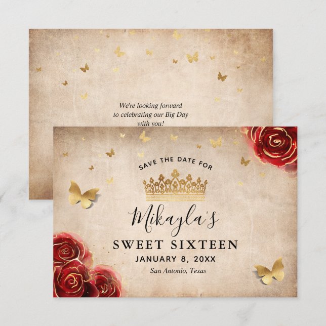 Vintage röd roséguld pergament elegant spara datumet (Fram/baksida)