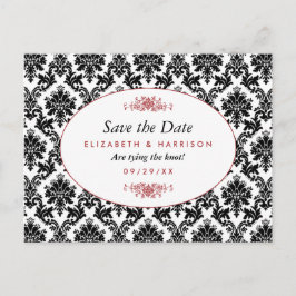 Vintage röd, svart & vit damask ”Save The Date” Meddelande Vykort