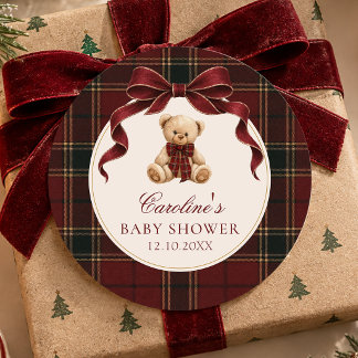 Vintage röd tartan nallebabyshower-dekal runt klistermärke