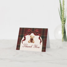 Vintage röd tartan nallebjörn tackkort