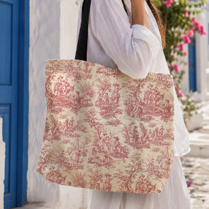 Vintage röd Toile de Jouy-mönster Tygkasse