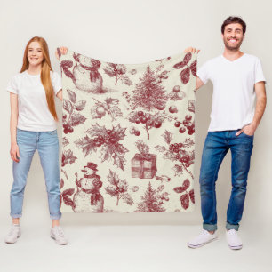 Vintage röd Toile jul botanisk - järnek Fleecefilt