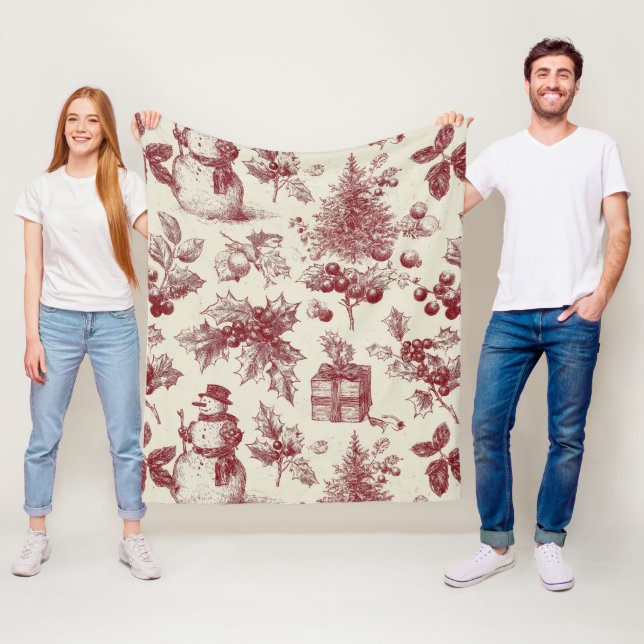 Vintage röd Toile jul botanisk - järnek Fleecefilt (På plats)