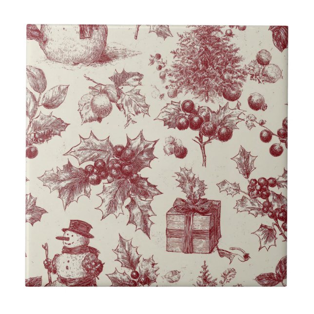 Vintage röd Toile jul botanisk - järnek Kakelplatta (Framsidan)