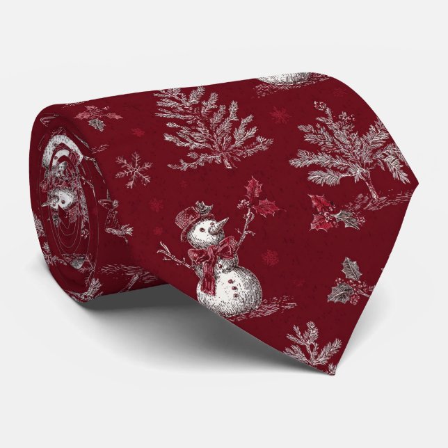 Vintage röd Toile jul Botanisk - Snöman Slips (Rullad)