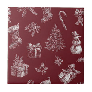 Vintage röd Toile jul med julstrumpor (2) Kakelplatta