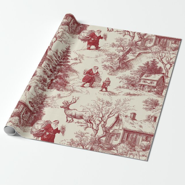 Vintage röd Toile julby - Tomte Presentpapper (Utrullad)