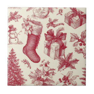 Vintage röd Toile julmönster med julstrumpor Kakelplatta