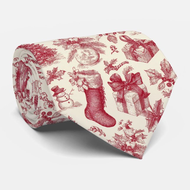 Vintage röd Toile julmönster med julstrumpor Slips (Rullad)