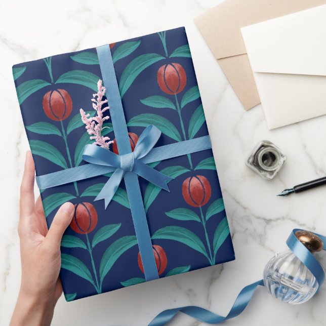 Vintage röd tulpan Marinblått inpackningspapper |  Presentpapper (Gifting)