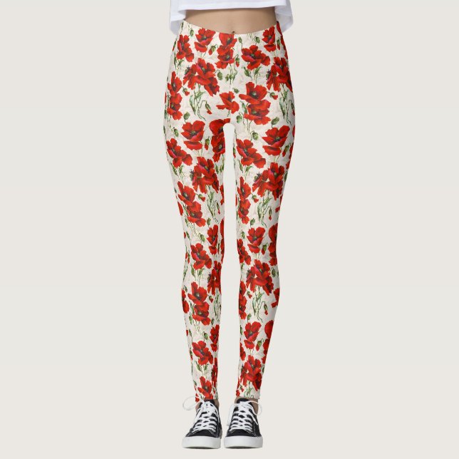 Vintage röd vallmo blomster mönster botanisk konst leggings (Framsida)